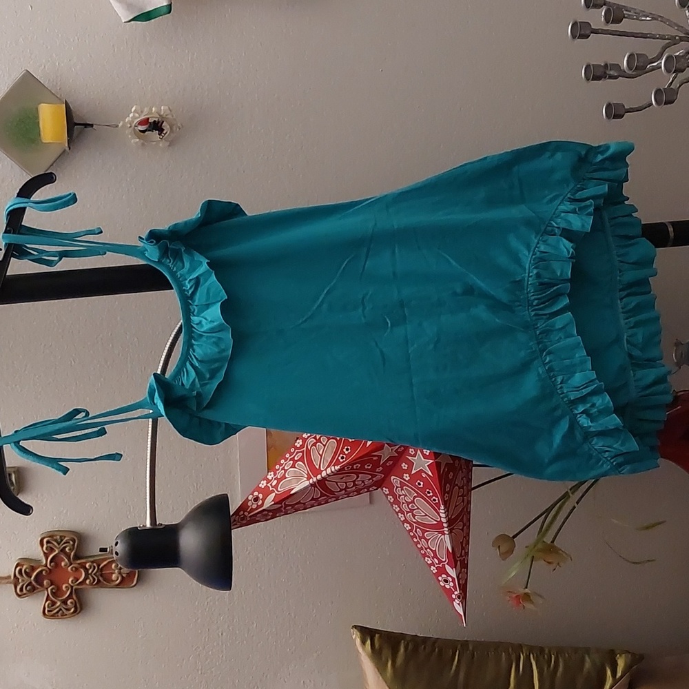 Teal blue long hi lo ruffle tank top/short dress
